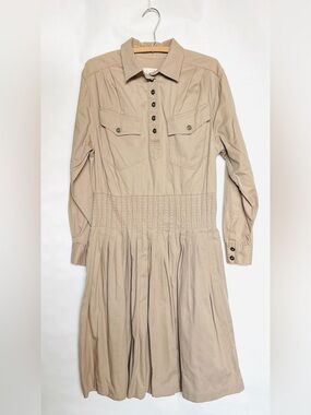 Alain Toussaint Vintage Smocked-Waist Pleated Khaki Camp Shirt Dress Utility